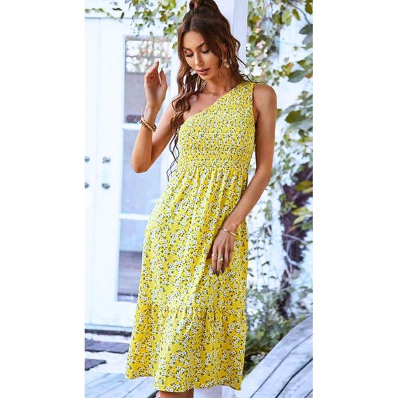 SEXYASASII Dresses & Skirts - SEXYASASII Yellow Floral Smocked One-Shoulder Boho Midi Dress Size Small NWT